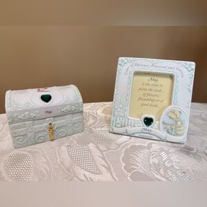 Vintage Enesco Precious Moments May Birthday Trinket Box and Frame- Set of Two
